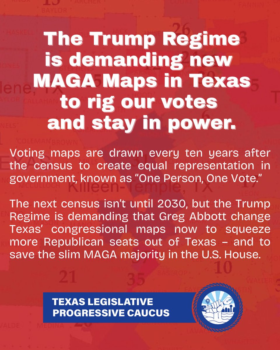 TX_Progressives's tweet image. The right to vote is sacred, but the Trump Regime is trying to rig the 2026 elections to protect their billionaire-backed agenda. Act now to stop the MAGA Maps in Texas! #txlege