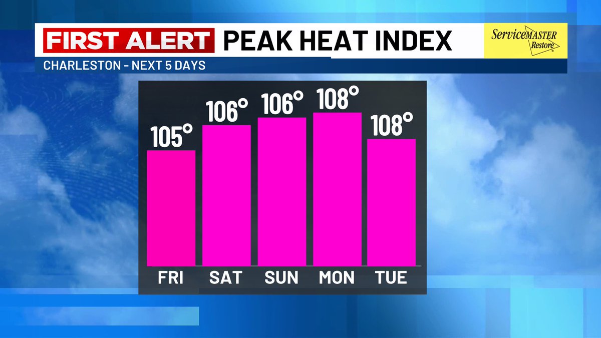 WXwithLex's tweet image. WEEKEND WEATHER - More heat, More humidity and More showers!
While there should be plenty of sunshine and dry times this weekend, our summer-like pattern of afternoon showers/storms are expected each day. Highs will top out in the mid 90s with heat index values 105°-110°. #chs
