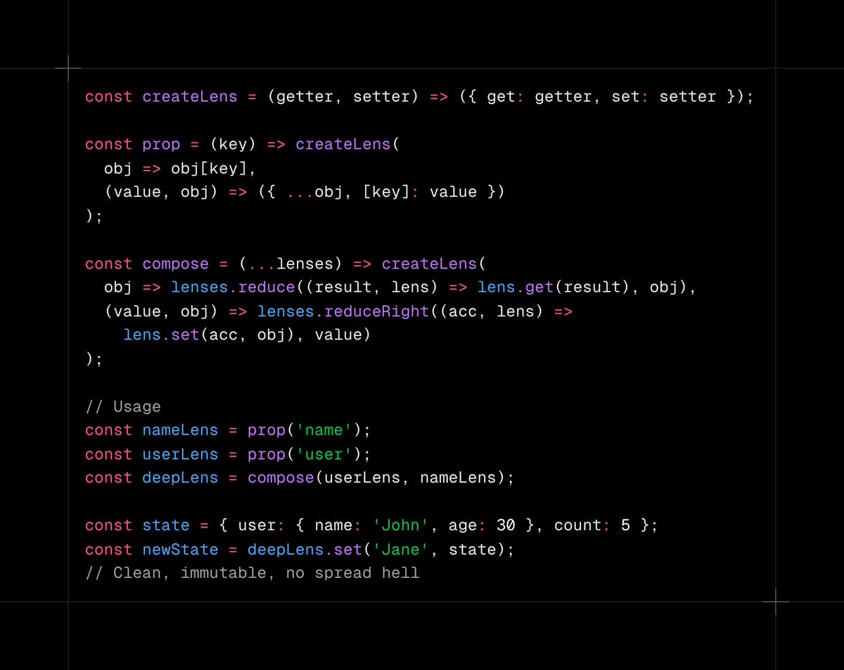 puruvjdev's tweet image. Interesting lens pattern for deep immutable state updates!