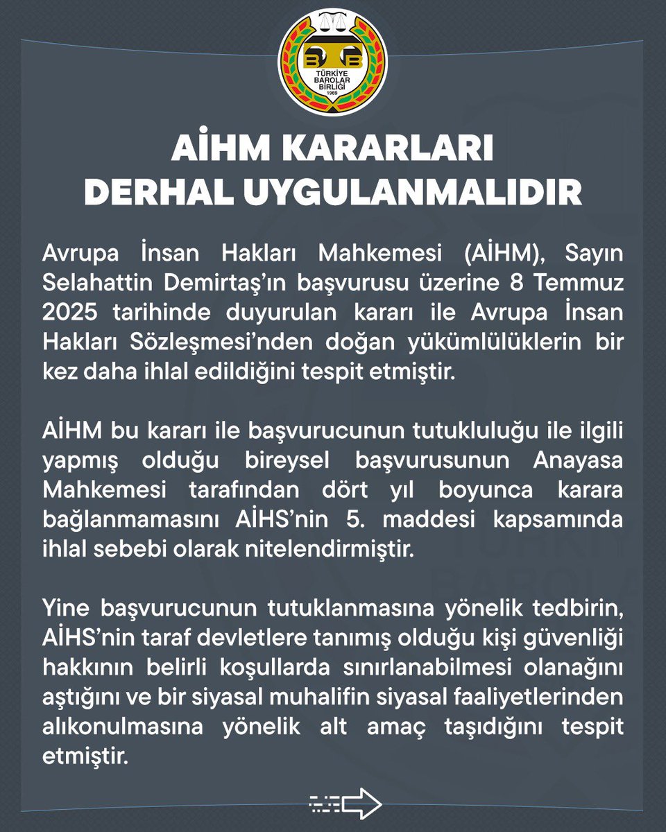 barolar's tweet photo. AİHM Kararları Derhal Uygulanmalıdır

👉  https://t.co/NTKZyjK6mo https://t.co/D7I7n7KJTz