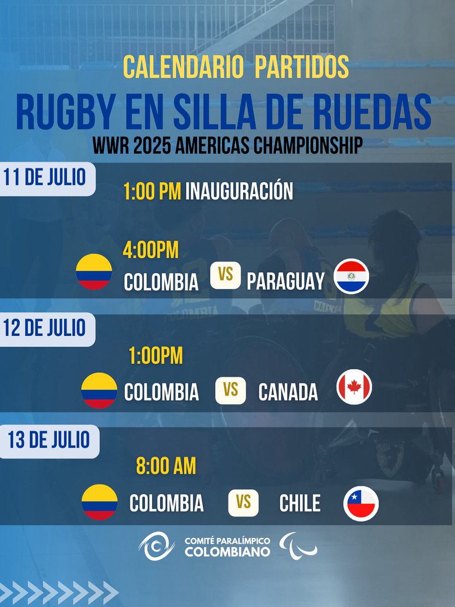 📅 ¡Este es el calendario que no te puedes perder!
🏉Hoy, 11 de julio, comienza la Copa América de Rugby en Silla de Ruedas en São Paulo, Brasil, y la Selección Colombia está lista para darlo todo en la cancha.

¡Vamos con toda, Colombia! 💪🏼🇨🇴

#imPARAbles