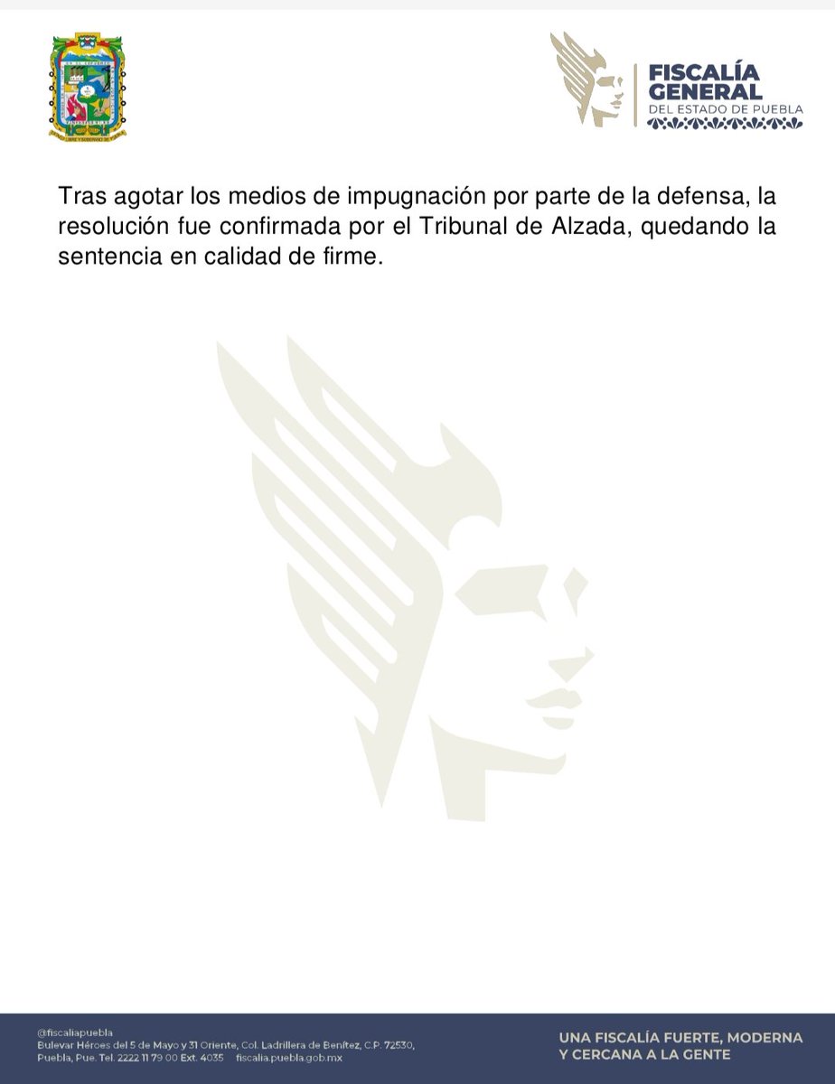 FiscaliaPuebla's tweet photo. Logra la FGE #Puebla que quede firme sentencia de 25 años de prisión contra responsable de violación y lesiones en Huauchinango.

#FiscalíaFuerte https://t.co/V6173BEWod