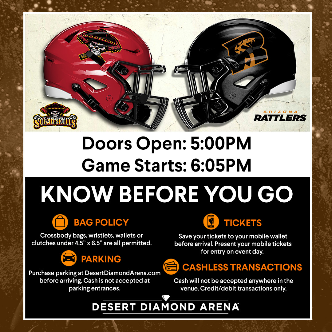 We look forward to hosting you for the AZ Rattlers vs. San Diego Strike Force on 7/12! 🏈
Tailgating in Parking Lot G Starts: 2:00PM
Box Office Opens: 4:00PM
General Doors Open: 5:00PM
Kickoff: 6:05PM
Pre-purchase your parking here -&gt; ow.ly/VkuC50W82Ag