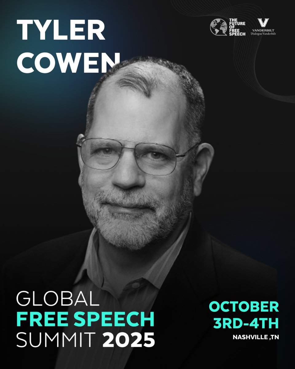 The Future of Free Speech (@speechfuture) on Twitter photo 🎤 Summit Speaker lineup drop!
We’re excited to announce the first group of featured speakers for the Global Free Speech Summit 2025, a powerful mix of voices shaping the global conversation on free expression.
First up, <a href="/tylercowen/">tylercowen</a>: Economics, freedom, and global dialogue. 🎤 Summit Speaker lineup drop!
We’re excited to announce the first group of featured speakers for the Global Free Speech Summit 2025, a powerful mix of voices shaping the global conversation on free expression.
First up, <a href="/tylercowen/">tylercowen</a>: Economics, freedom, and global dialogue.