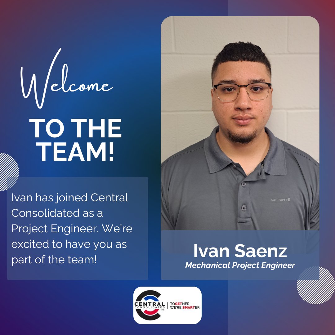 CentralConsolid's tweet photo. We are thrilled to welcome Ivan Saenz to the Central Consolidated team as a Mechanical Project Engineer.

Learn more about Ivan here: https://t.co/VUB8OygooX

#CentralConsolidated #TogetherWereSmarter #NewHire https://t.co/BXyc4y4S7M