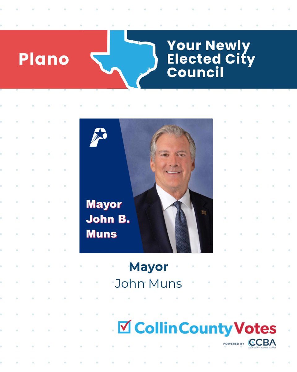 CollinCtyVotes's tweet image. Meet Mayor John Muns — running unopposed this year, he continues serving Plano with a focus on community, transparency &amp;amp; economic growth.
🔗 plano.gov/192/City-Counc…
#PlanoTX #CityCouncil #CollinCountyVotes
Photo Credit: City of Plano website