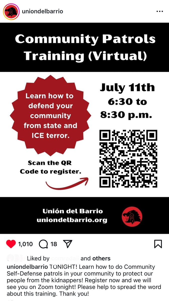 Union del Barrio is hosting a virtual community patrols training tonight 6:30-8:30PT. It’s a great training and resource that individuals and orgs should attend. With the big beautiful bill allocating $100 BILLION to ICE, we need all hands on deck. 

cryptpad.fr/form/?fbclid=P…