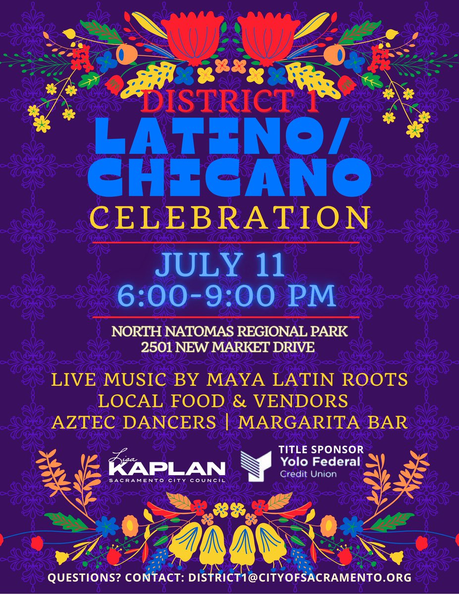 SenatorAshby's tweet image. Looking for a fun event this evening?
Join @councilmemberlisakaplan for the 3rd Annual Latino/Chicano Celebration at 6:00 at North Natomas Regional Park, 2501 New Market Drive.
Come celebrate the beautiful culture that thrives in our community. Rumor has it that…