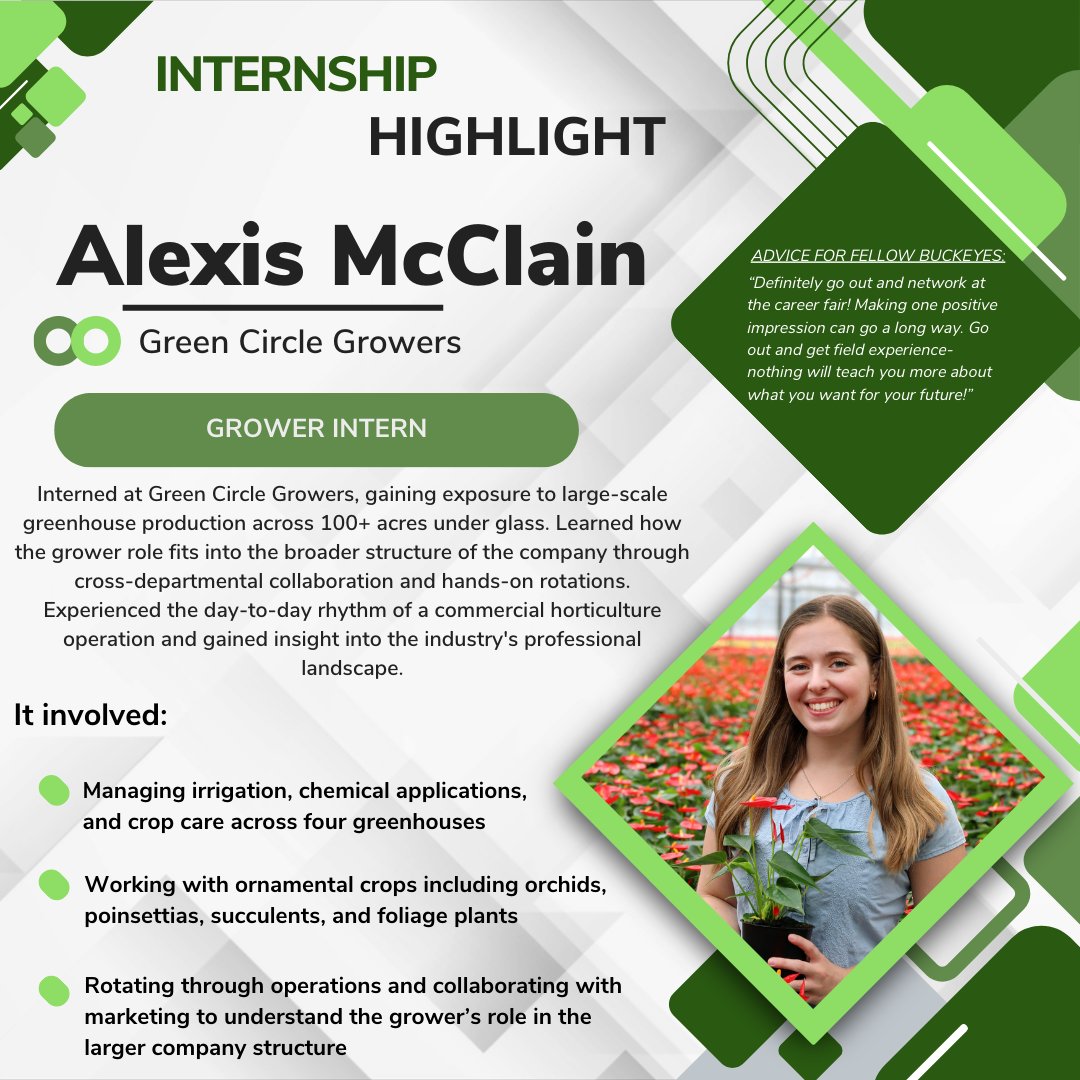 Today, we’re highlighting Alexis McClain, who gained hands-on horticulture experience at Green Circle Growers by managing crop care and collaborating across departments, proving the value of fieldwork, curiosity, and making meaningful connections.