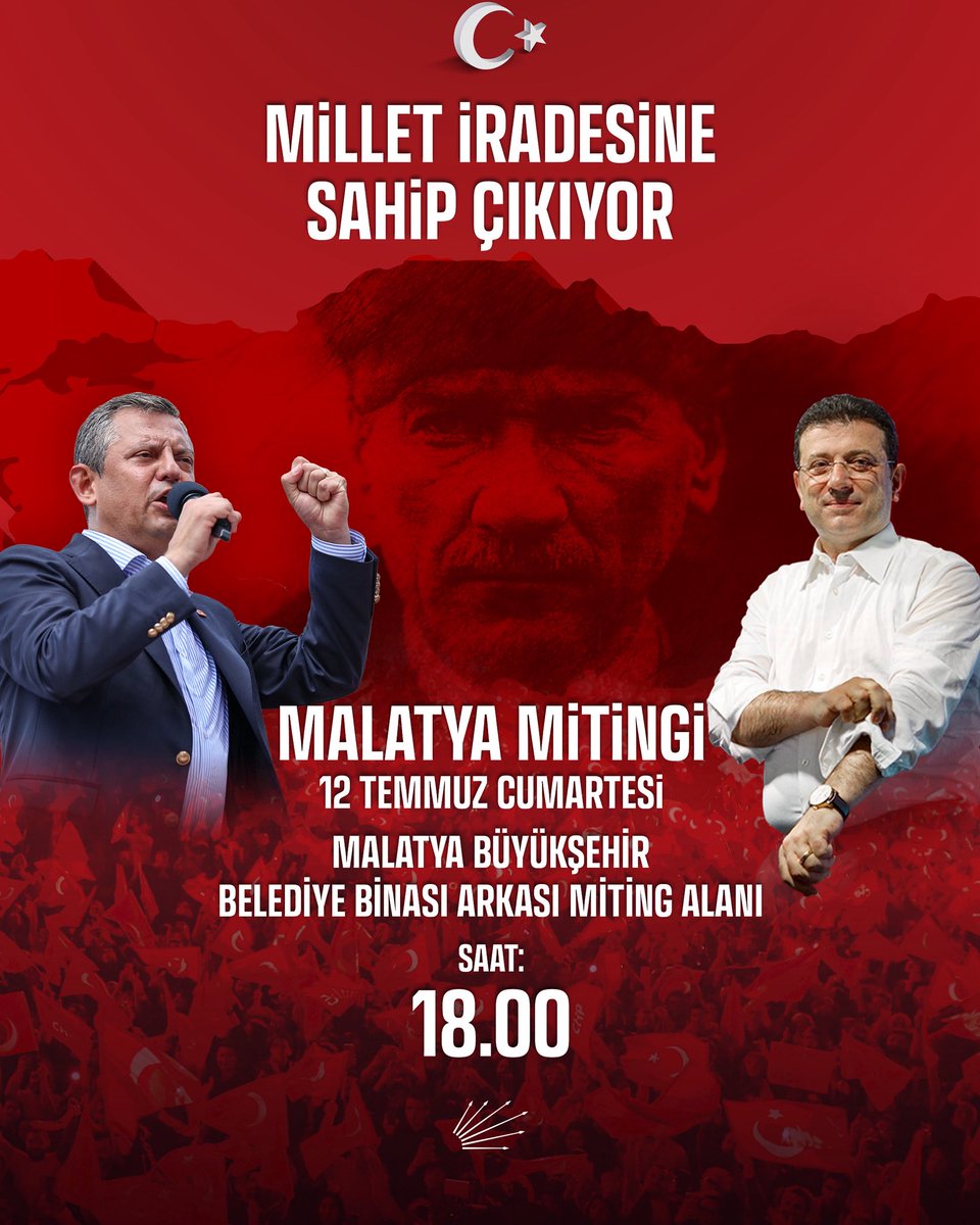 Yarın akşam Malatya’dayız!

Adayımızı yanımızda, sandığı önümüze görene kadar meydanlardayız!

Hep birlikte mücadele edeceğiz, hep birlikte kazanacağız!

🗓 12 Temmuz Cumartesi
⏰ 18.00
📍Malatya Büyükşehir Belediyesi Binası Arkası Miting Alanı