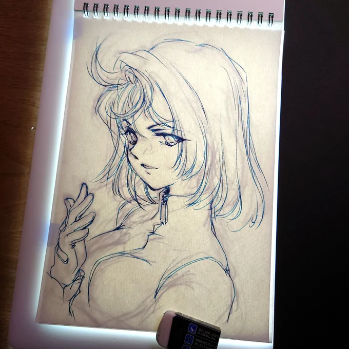 そうか・・、トレス台使って別の紙にペン入れしたら、トレスした後に下描きと見比べながら微調整ができるじゃん・・。
下描きのほうがえてして勢いがあるから。。 