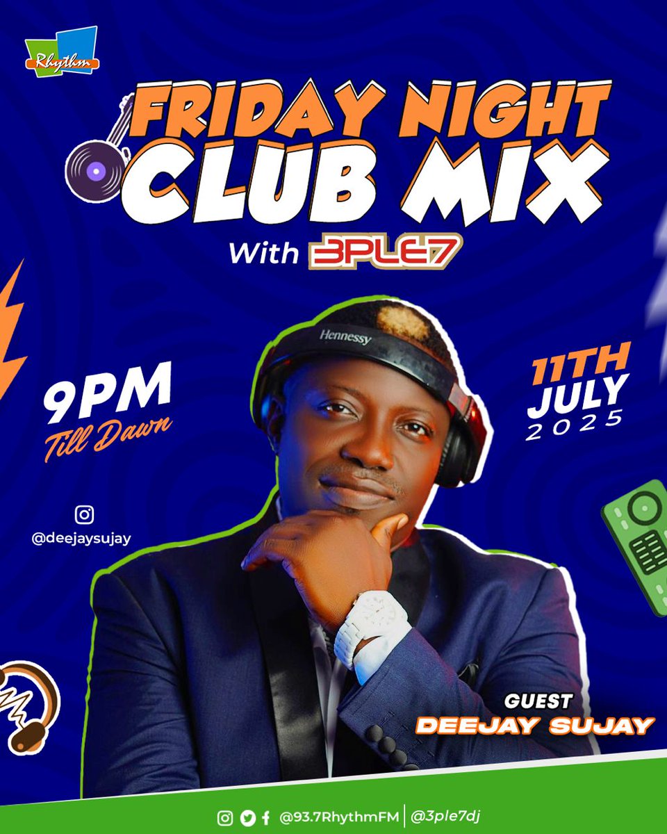 Rhythm FM (@937rhythmfm) on Twitter photo Friday Night Club Mix is LIVE! 🎧🔥
<a href="/3ple7Dj/">3ple7dj #Da'glas🕶️</a> in the mix with special guest <a href="/Deejaysujay/">Lawal Adeola</a> bringing the heat!
Let’s get into the party — it’s time to dance! 💃🔥🥳📻🕺 Friday Night Club Mix is LIVE! 🎧🔥
<a href="/3ple7Dj/">3ple7dj #Da'glas🕶️</a> in the mix with special guest <a href="/Deejaysujay/">Lawal Adeola</a> bringing the heat!
Let’s get into the party — it’s time to dance! 💃🔥🥳📻🕺