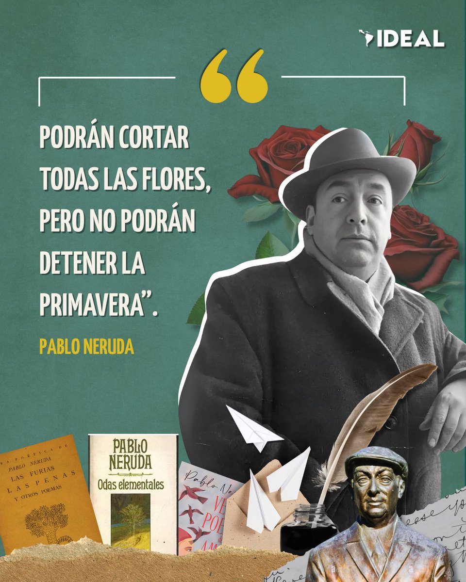 InstitutoIDEAL_'s tweet image. 🇨🇱 #PabloNeruda, poeta chileno y Nobel de Literatura, nombró el amor, la tierra y la lucha en cada verso. Ferviente defensor de la justicia social, que hizo de la poesía un arma contra la opresión y un canto a los pueblos.
Como militante comunista, alzó su voz por los…
