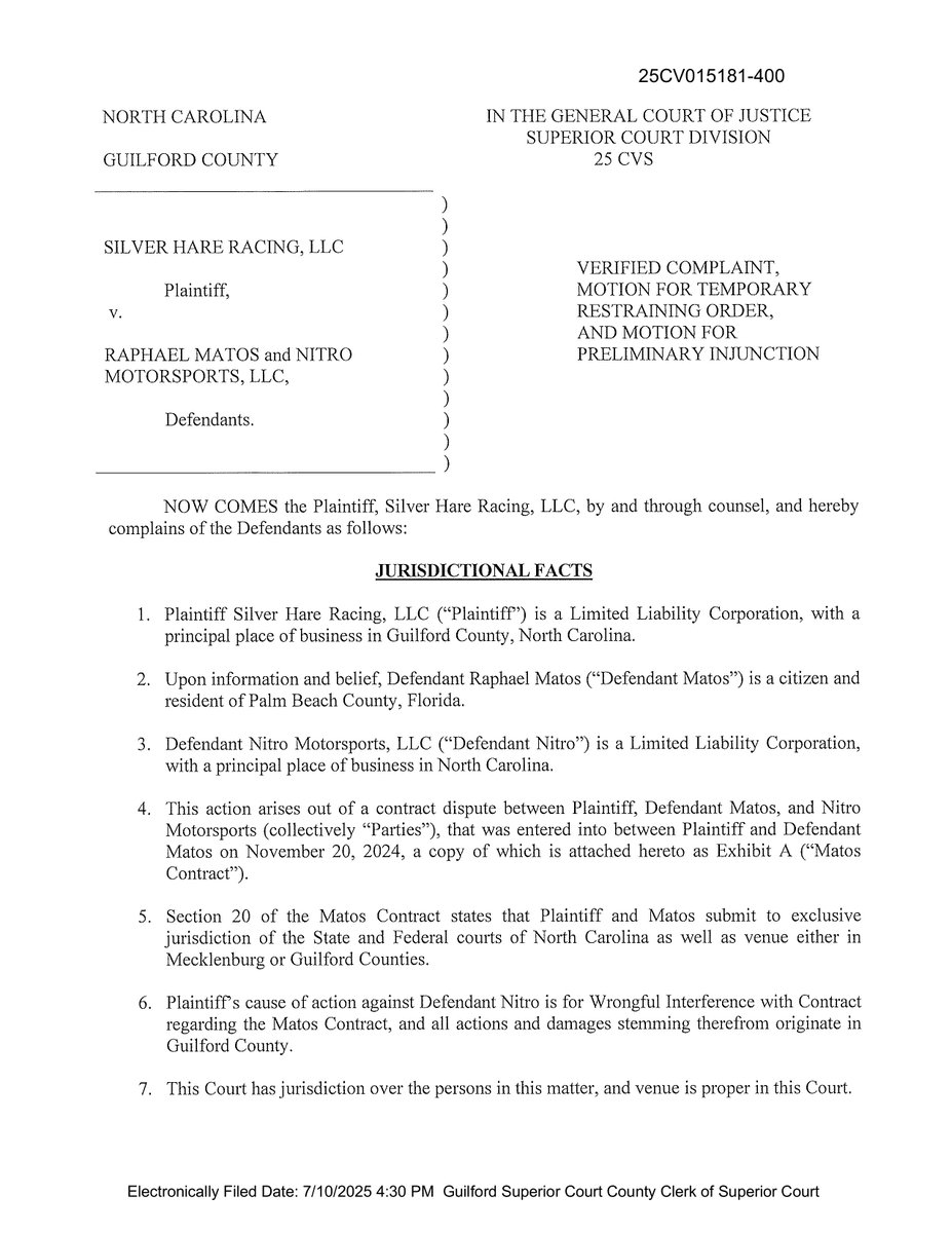SKHaulenbeek's tweet image. New racing suit: Silver Hare Racing is suing former driver Raphael Matos and Nitro Motorsports. Matos implied he would need a break from driving due to a wrist injury, Silver Hare said, and then declared he was racing for Nitro, in violation of his contract. #nccourts
