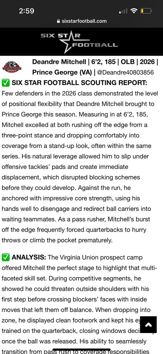 Deandre Mitchell (@deandre40803856) on Twitter photo Wanted to thank <a href="/sixstarfootball/">Six Star Football | PLUS+</a> for the review and also thank <a href="/VUU_Football/">Virginia Union Univ Football 🏈</a> for the experience and competition <a href="/PGRoyalsFB/">Prince George Football</a> <a href="/coach_alford907/">Coach Alford</a> <a href="/CoachEJPointer/">Coach Pointer</a> <a href="/dlryland/">DIEGO RYLAND</a> Wanted to thank <a href="/sixstarfootball/">Six Star Football | PLUS+</a> for the review and also thank <a href="/VUU_Football/">Virginia Union Univ Football 🏈</a> for the experience and competition <a href="/PGRoyalsFB/">Prince George Football</a> <a href="/coach_alford907/">Coach Alford</a> <a href="/CoachEJPointer/">Coach Pointer</a> <a href="/dlryland/">DIEGO RYLAND</a>