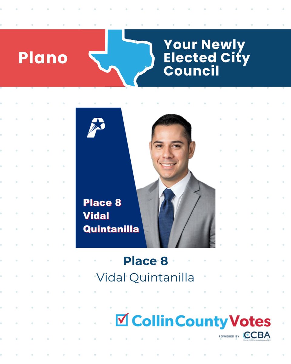 CollinCtyVotes's tweet image. Meet Vidal Quintanilla, Place 8 on Plano City Council.
Community advocate, HR leader &amp;amp; Plano volunteer since 2017.
He’s all in on public service, people strategy &amp;amp; local impact.
🔗 plano.gov/192/City-Counc…
#PlanoTX #CityCouncil #CollinCountyVotes
Photo Credit: City of Plano