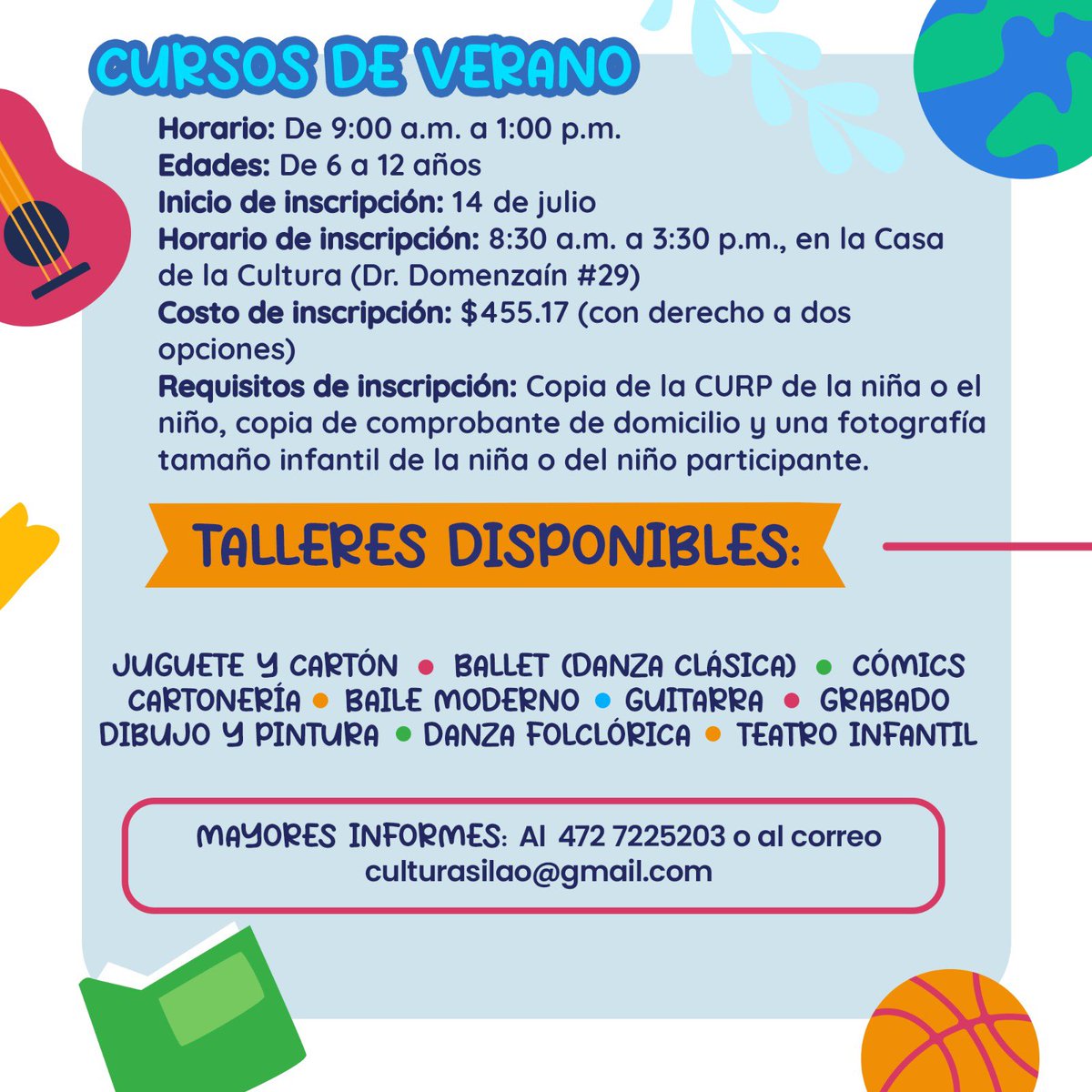 🥳✨ Ya están por empezar los #CursosDeVerano en la #CasaDeLaCultura. Y claro que ya te puedes inscribir. 🎨♟️

📲 LLAMA YA: 👉🏽 472 72 2 52 03