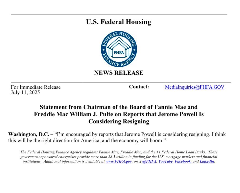 Breaking: 🇺🇸 Federal Reserve Chair Jerome Powell reportedly considers resigning.