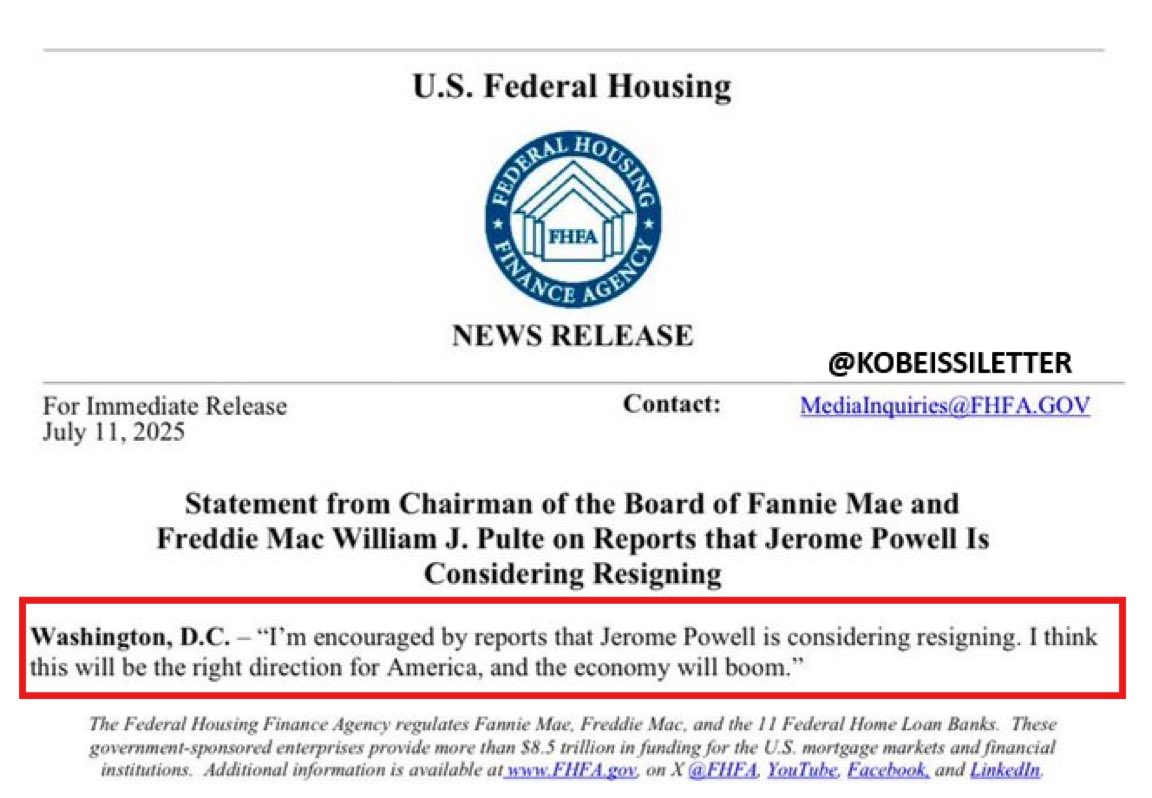 BREAKING: Fed Chair Powell „is considering resigning.“ according to the FHFA Chair Pulte.

Printer is coming. 💸

#Bitcoin