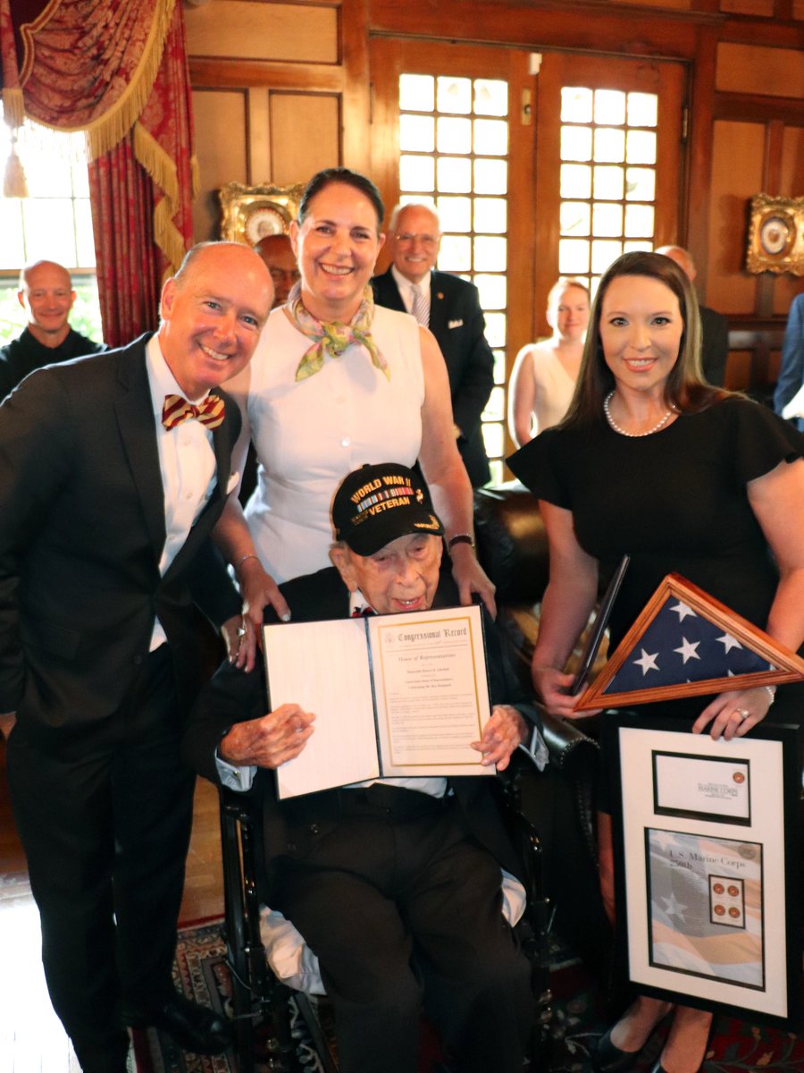 Robert_Aderholt's tweet image. Today, Caroline and I celebrated the 105th birthday of Mr. Roy Drinkard, the oldest living United States Marine and a pillar of the Cullman community.
To honor his life of service and commitment, I had a flag flown over the U.S. Capitol and a tribute entered into the…