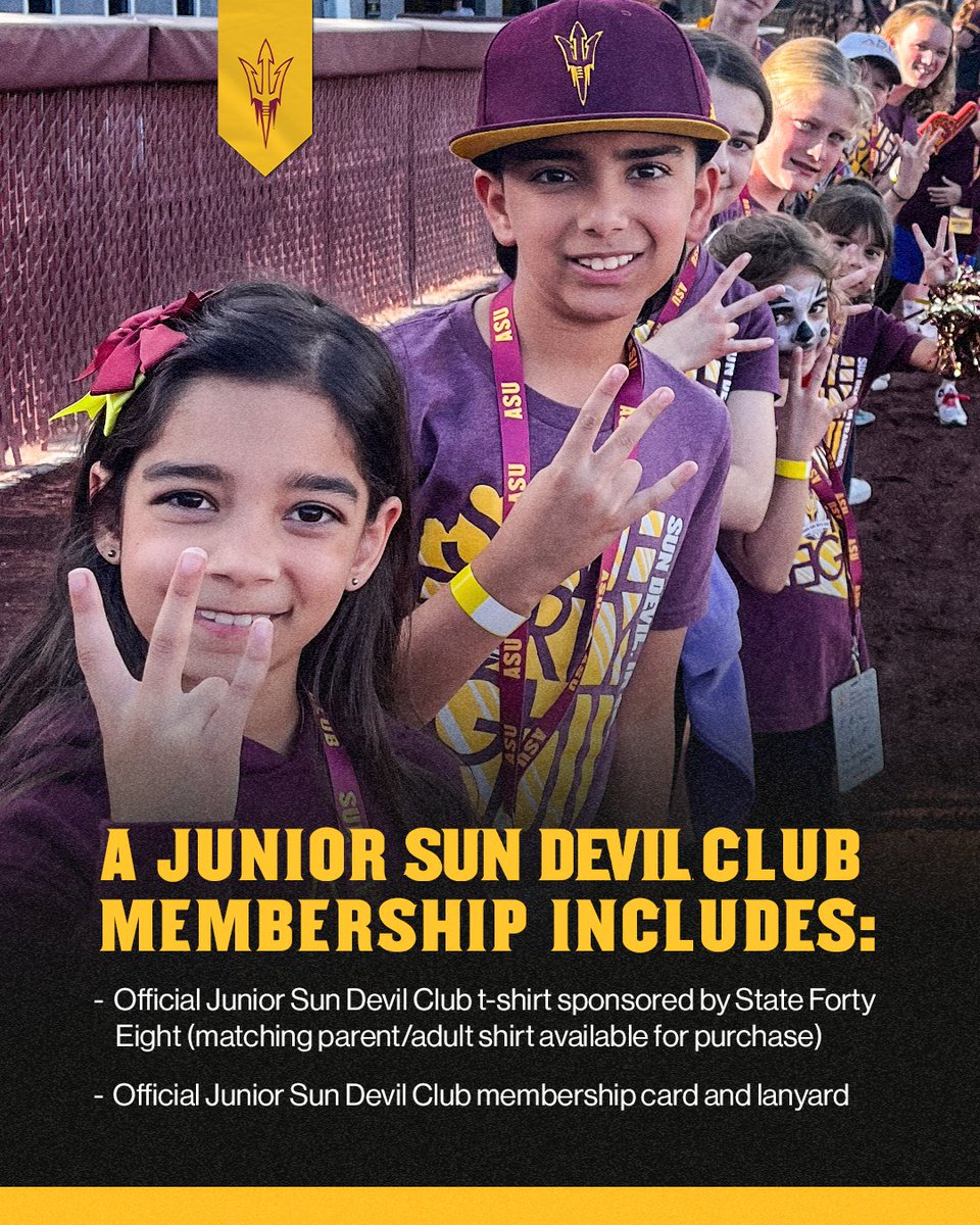 TheSunDevils's tweet image. Registration to join the Junior Sun Devil Club is now open!
Sign up your little Sun Devils now: ow.ly/fNF450Woy5g