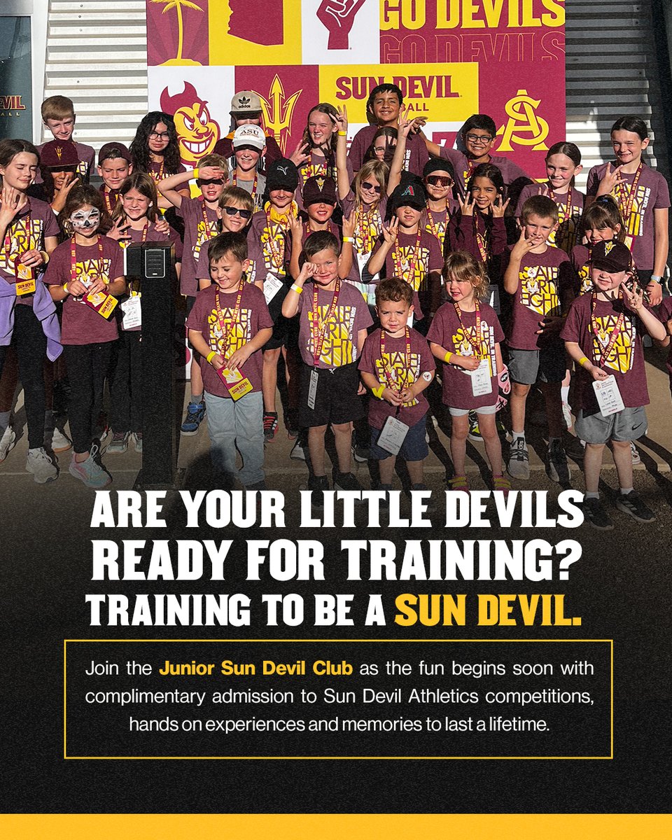TheSunDevils's tweet image. Registration to join the Junior Sun Devil Club is now open!
Sign up your little Sun Devils now: ow.ly/fNF450Woy5g