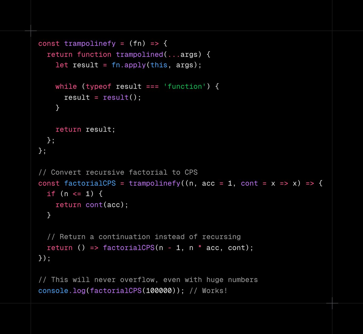 puruvjdev's tweet image. OK wow I like this pattern: Niceties of recursion without the stack overflow