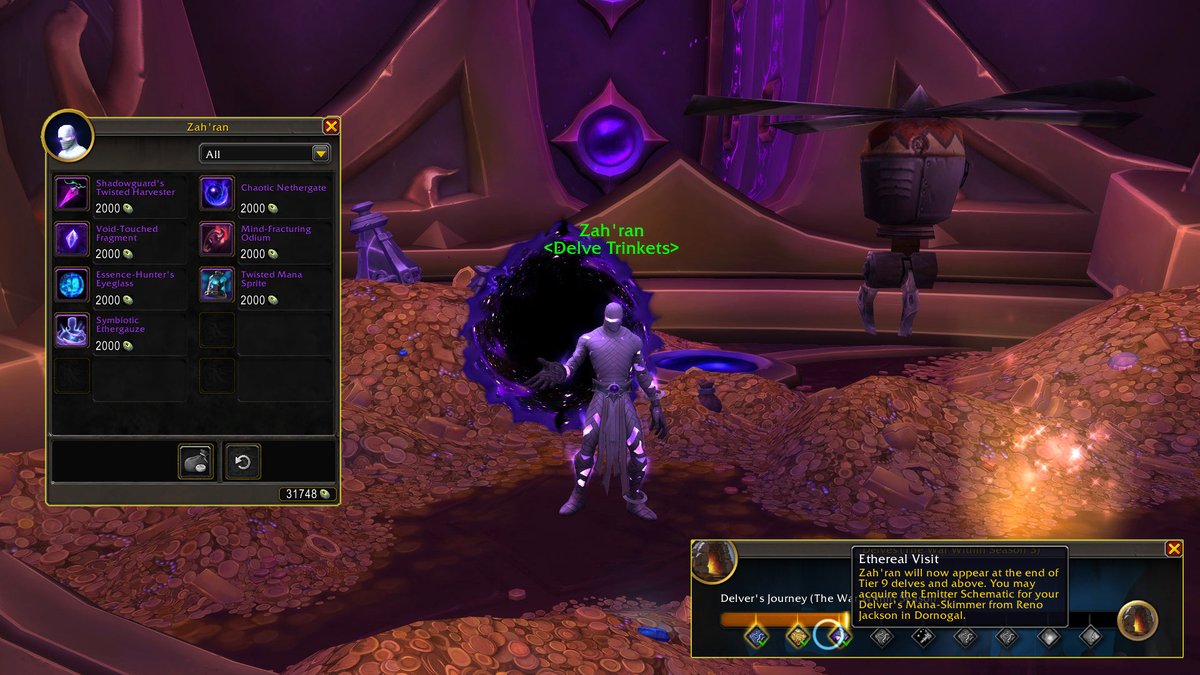 patf0rd's tweet image. [ 11.2 PTR ]
When you reach the 3rd stage of your Delver&apos;s Journey in Season 3, you&apos;ll unlock a delve trinket vendor!
Zah&apos;ran will appear at the end of Tier 9 delves and above. He will sell all available delve trinkets (Champion 1/8 iLvl 681) for 2000 Undercoins each. #Warcraft