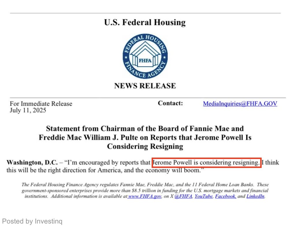 🚨 JUST IN: US Director of Federal Housing, William Pulte, has said that Jerome Powell is considering resigning.
