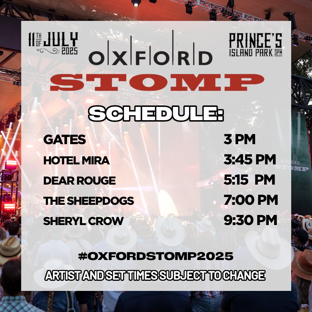🤠😍Let's go #Calgary - The wait is over — it’s time to celebrate 35 years of unforgettable music at the Oxford Stomp in the heart of Prince’s Island Park! with #sherylcrow <a href="/TheSheepdogs/">The Sheepdogs</a> <a href="/DearRouge/">DEAR ROUGE</a> <a href="/hotelmiramusic/">HOTEL MIRA</a> 
Last minute tickets: oxfordstomp.com