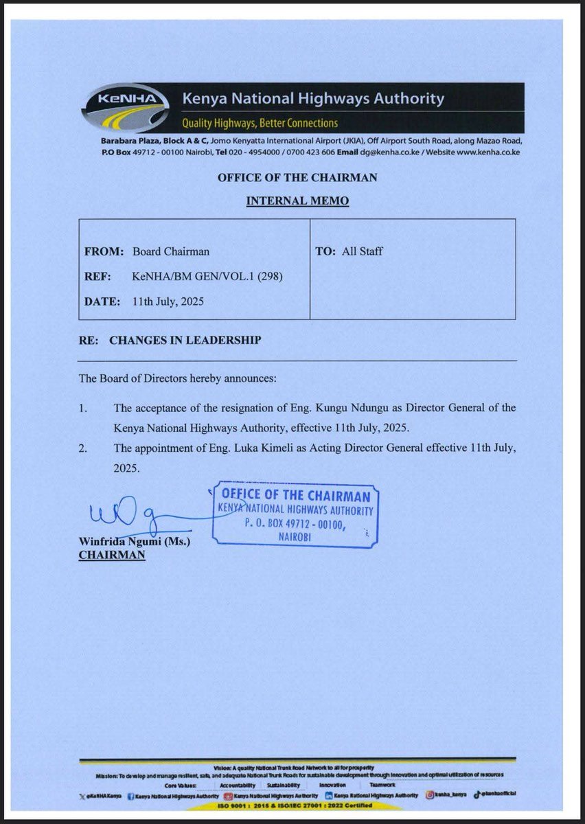 Long Distance Drivers and Conductors Association (@loddca) on Twitter photo Answered prayer or what?
<a href="/KeNHAKenya/">Kenya National Highways Authority (KeNHA)</a> DG RESIGNS.
Waiting for <a href="/ntsa_kenya/">NTSA KENYA</a> DG and Director of licensing to follow suit.
<a href="/karugawanjuguna/">Karuga wa Njuguna</a> <a href="/AbouFauzia/">Mohamed Absi</a> <a href="/DjSoxxy/">Soxxy π°πͺ</a> <a href="/iam_kipkoech861/">KipkoechCollins</a> <a href="/princegershom_/">Subaru Leone</a> <a href="/RSF_2020/">ROAD SAFETY FACTS π°πͺ</a> <a href="/RSAIKenya/">Road Safety Awareness Initiative (Kenya)</a> <a href="/roadsensekenya/">Road Sense Kenya - RSK</a> <a href="/Mizani254/">Mizani254</a> <a href="/Ma3Route/">Ma3Route</a> Answered prayer or what?
<a href="/KeNHAKenya/">Kenya National Highways Authority (KeNHA)</a> DG RESIGNS.
Waiting for <a href="/ntsa_kenya/">NTSA KENYA</a> DG and Director of licensing to follow suit.
<a href="/karugawanjuguna/">Karuga wa Njuguna</a> <a href="/AbouFauzia/">Mohamed Absi</a> <a href="/DjSoxxy/">Soxxy π°πͺ</a> <a href="/iam_kipkoech861/">KipkoechCollins</a> <a href="/princegershom_/">Subaru Leone</a> <a href="/RSF_2020/">ROAD SAFETY FACTS π°πͺ</a> <a href="/RSAIKenya/">Road Safety Awareness Initiative (Kenya)</a> <a href="/roadsensekenya/">Road Sense Kenya - RSK</a> <a href="/Mizani254/">Mizani254</a> <a href="/Ma3Route/">Ma3Route</a>