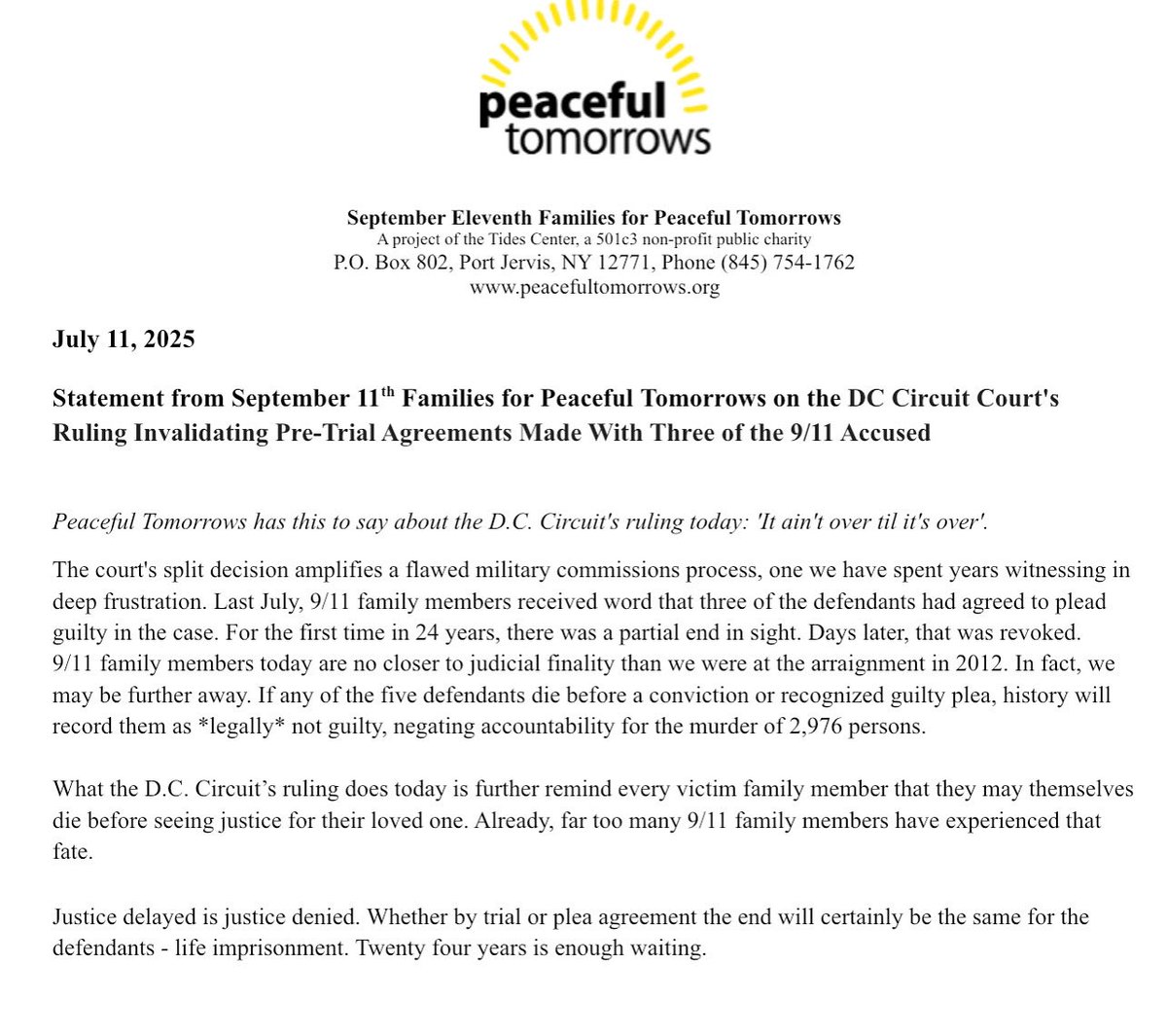 Peaceful Tomorrows statement on DC Circuit’s Ruling Invalidating PTAs. peacefultomorrows.org/post/statement…
