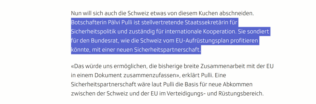 eCom_ki's tweet photo. 🔴 Die Schweiz lässt sich abschaffen. #EU #VBS
♦️In keinem Land - würde die Finnin Pälvi Pulli - die höchste Sicherheitsfreigabe erhalten, um eine zentrale Funktion in der Schweizer Sicherheitspolitik für den Bundesrat ausüben zu können.
♦️Botschafterin Pälvi Pulli ist stellvertretende Staatssekretärin für Sicherheitspolitik und zuständig für internationale Kooperation.
Sie sondiert für den Bundesrat, wie die Schweiz vom "EU-Aufrüstungsplan" profitieren könnte, mit einer neuen Sicherheitspartnerschaft.
"Das würde der Schweiz ermöglichen, die bisherige breite Zusammenarbeit mit der EU in einem Dokument zusammenzufassen", erklärt Pulli.
Eine Sicherheitspartnerschaft wäre laut Pulli die Basis für neue Abkommen zwischen der Schweiz und der EU im Verteidigungs- und Rüstungsbereich.
Laut dem EU-Aufrüstungsplan #ReArmEurope dürfen Waffenproduzenten aus Drittstaaten nur Komponenten von Rüstungsgütern liefern, die ein Drittel des Wertes des gesamten Waffensystems ausmachen. Mit einem Sicherheitsabkommen können Rüstungsfirmen aus Drittstaaten aber auch die kompletten Systeme liefern.
🔴Vor allem für die Schweizer Rüstungsindustrie wäre die Sicherheitspartnerschaft mit der EU daher interessant.
"Mit einem zusätzlichen Abkommen könnte die Industrie auch an Aufträge kommen, die über EU-Kredite finanziert werden", erklärt Pälvi Pulli.
"Wenn man eine Partnerschaft abschliesst, dann hat man grundsätzlich Zugang zu diesem Förderungsinstrument, dann kann man diese Kredite beantragen für gemeinsame Beschaffungen", so Pulli.
Zuerst sollen jetzt aber Sondierungsgespräche mit der EU stattfinden, bevor die Landesregierung definitiv über eine solche neue Partnerschaft mit der EU entscheidet.
#NATO #Rahmenabkommen
https://t.co/JLWWNCNq0Z
🔴 History Pulli:
Medienberichten zufolge war Pälvi Pulli in einer Beziehung mit Christian Catrina, der ebenfalls eine wichtige Rolle im Bereich der Sicherheitspolitik des Bundes spielte.
Christian Catrina war vor Pälvi Pulli als Delegierter für die Erneuerung der Mittel zum Schutz des Luftraums tätig und war davor auch Chef Sicherheitspolitik im VBS, eine Funktion, die Pälvi Pulli später übernahm.
Ein Artikel von Inside Paradeplatz aus dem Jahr 2022 erwähnt explizit, dass Pulli "liiert war mit dem wesentlich älteren Christian Catrina, dem seinerzeit obersten Sicherheitschef der Schweiz, dessen Job sie erbte."