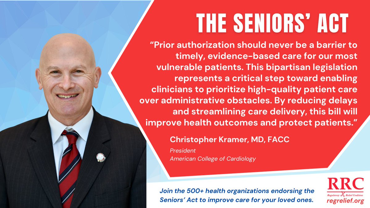 Regulatory Relief Coalition (@regrelief) on Twitter photo President of <a href="/ACCinTouch/">American College of Cardiology</a> <a href="/Cardiology/">ACC Advocacy</a>, Christopher Kramer, MD, FACC, supports the #SeniorsAct to prioritize patients over paperwork. Reducing administrative burdens helps ensure seniors get the care they deserve. #FixPriorAuth President of <a href="/ACCinTouch/">American College of Cardiology</a> <a href="/Cardiology/">ACC Advocacy</a>, Christopher Kramer, MD, FACC, supports the #SeniorsAct to prioritize patients over paperwork. Reducing administrative burdens helps ensure seniors get the care they deserve. #FixPriorAuth