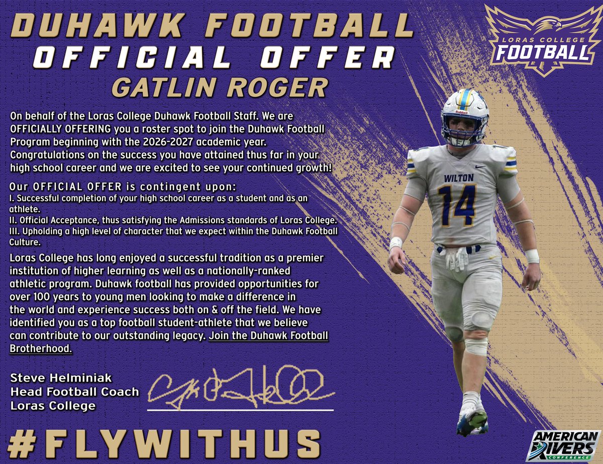 #AGTG After a great conversation with <a href="/CoachHLorasFB/">Steve Helminiak</a>, I’m blessed to announce my 5th offer to play at <a href="/LorasCollegeFB/">Loras Football</a>