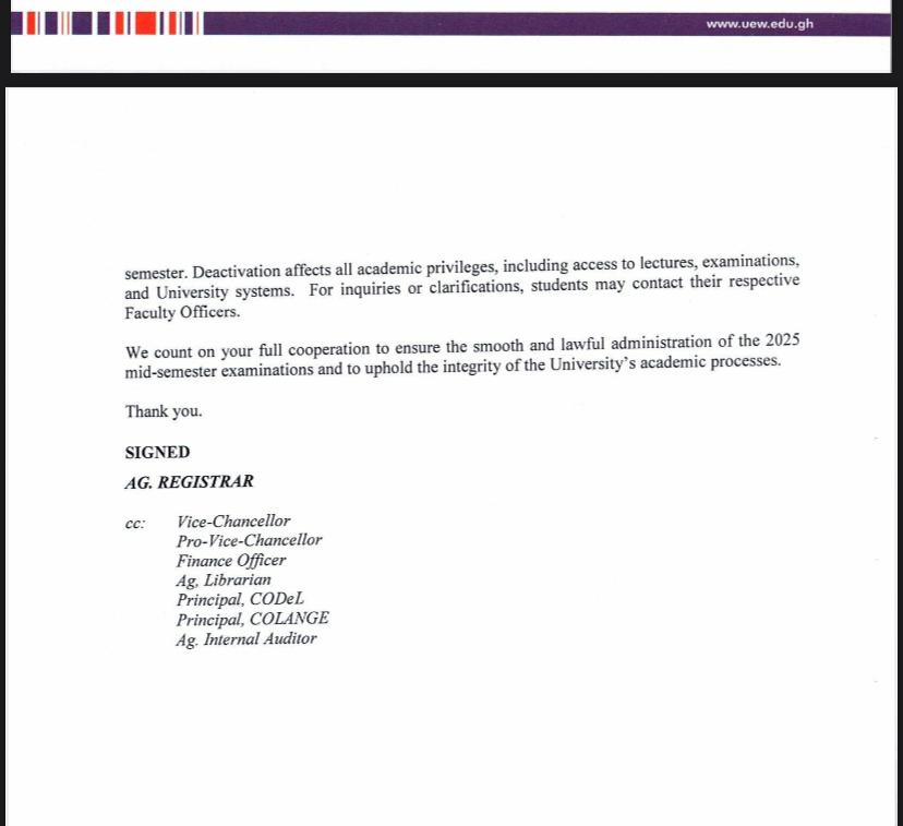 Statement from Management regarding the Deactivation of Unregistered Students 

#VoiceOfUEW