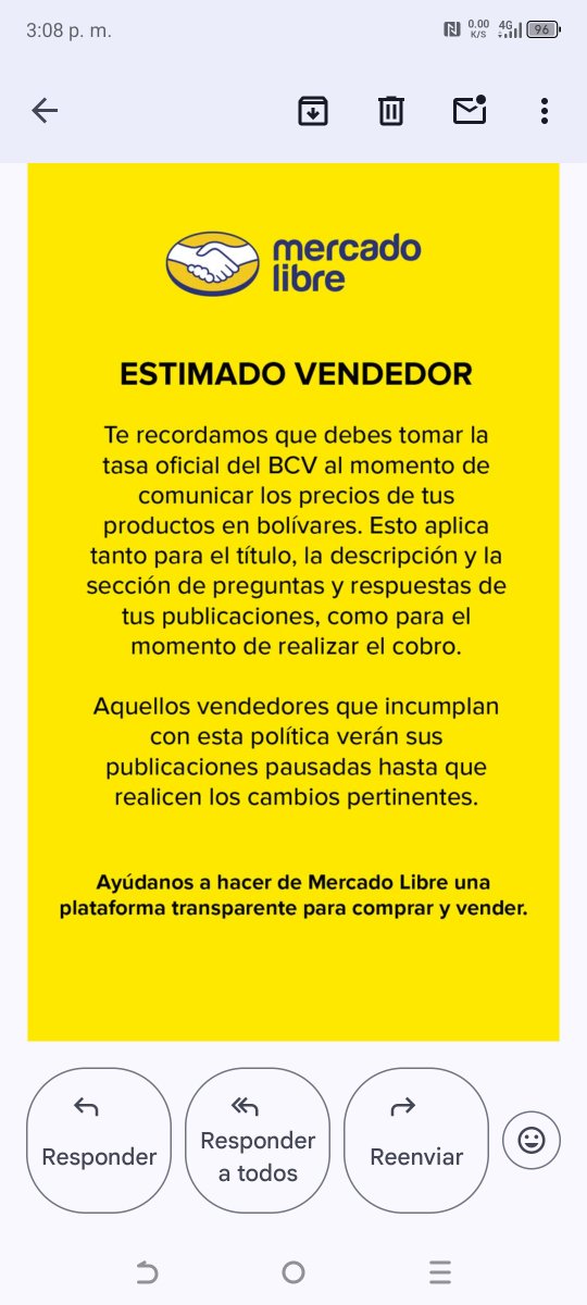 Mercado libre anuncia a todos los vendedores de Venezuela que la tasa oficial es el BCV quien incumpla con la política se les pausara la publicación