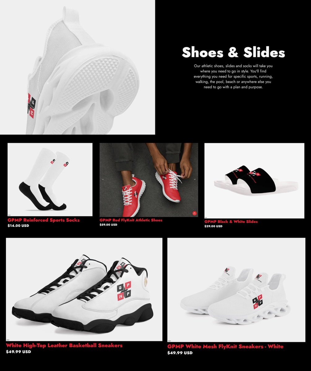 GP:MP athletic shoes, slides and socks will take you where you need to go in style. You'll find everything you need for specific sports, running, walking, the pool, beach or anywhere else you need to go with a plan and purpose.

godsplanmypurpose.com/collections/sh…