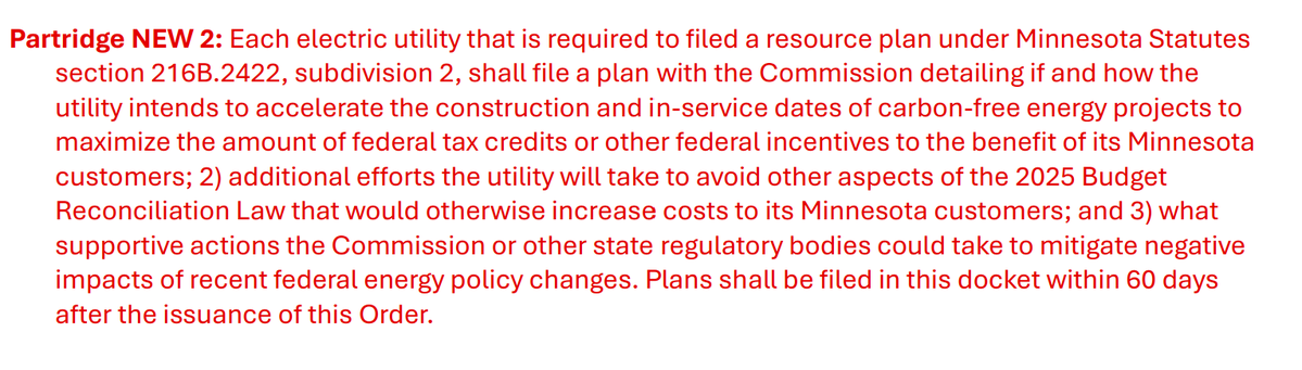 walkerorenstein's tweet image. Minnesota utility regulators will probably ask our electric utilities to file a new plan about how they will speed up their carbon free projects because of the BBB. Here's a proposal from PUC Commissioner Audrey Partridge: