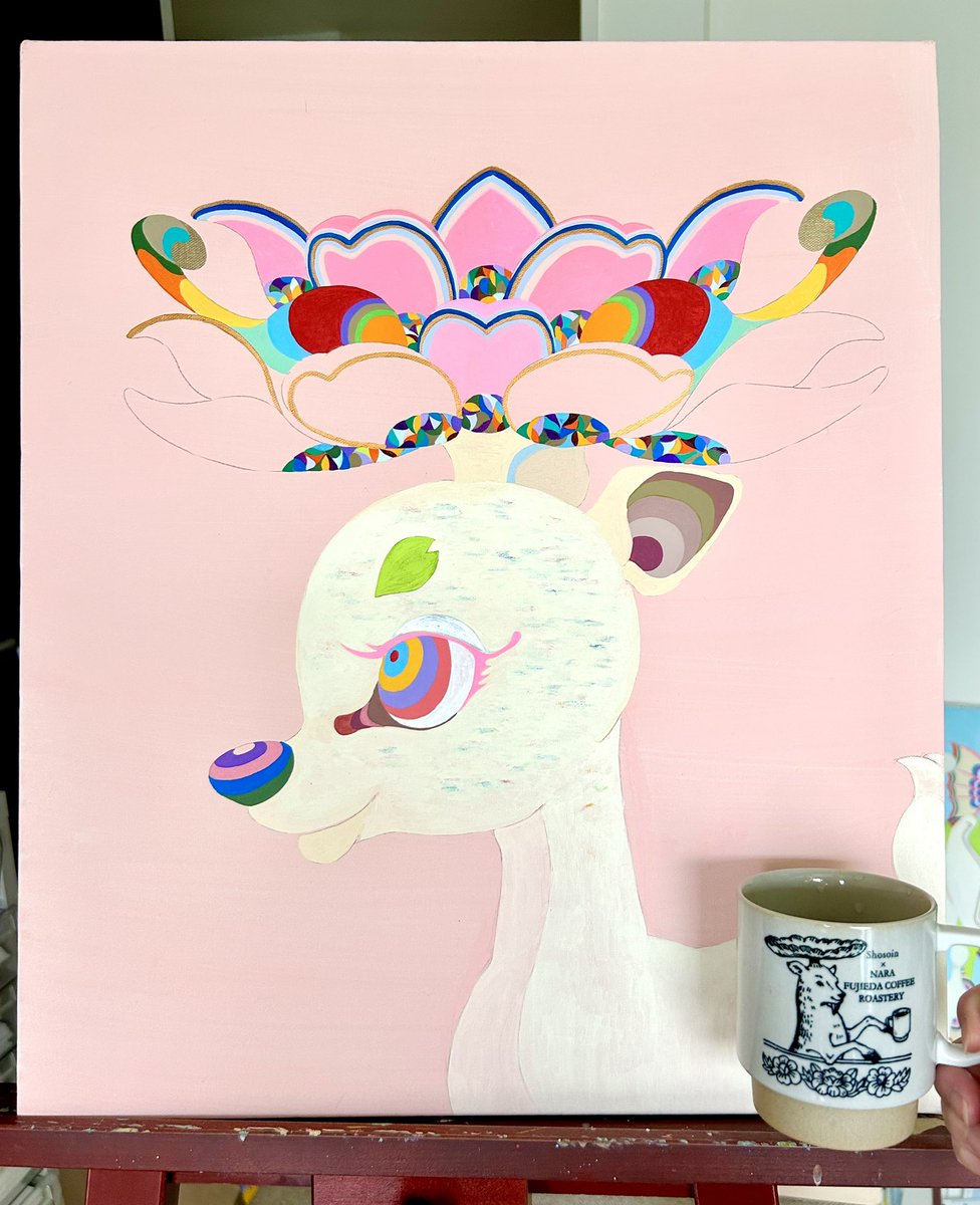 ペソペソと花鹿の絵画制作。 今朝はエアコンいらずの涼しさだわね。 花