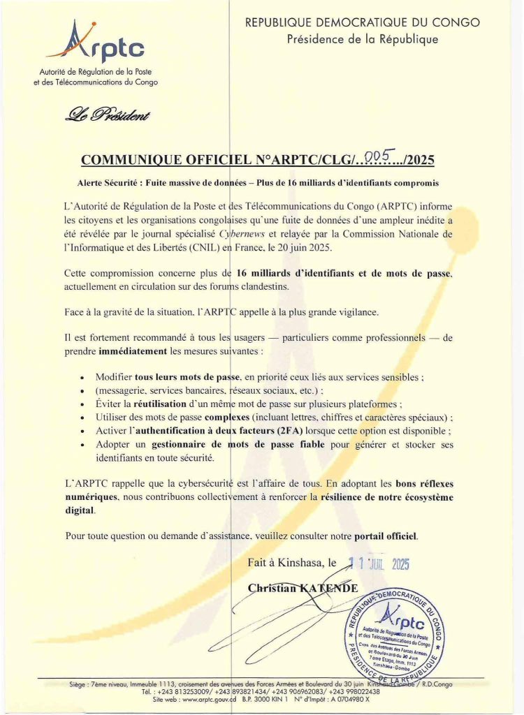 #RDC: Attention ⛔️ 

Attention ⛔️ 

Attention ⛔️ 

L’ARPTC alerte , surveillez vos comptes car des comptes ont été piratés …

Changez vos mots de passe