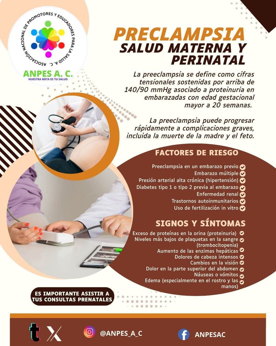 ANPES_A_C's tweet image. La preeclampsia es una complicación del embarazo, por lo general, comienza luego de las 20 semanas de embarazo en mujeres cuya presión arterial ha estado dentro de los valores normales hasta entonces.

#ANPESAC
 #SaludPerinatal  #ControlPrenatal #Preclampsia