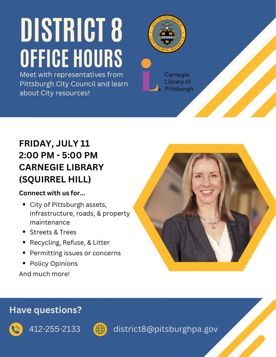PGHDistrict8's tweet image. Join us @carnegielibrary Squirrel Hill for our office hours until 5 p.m.!
If you or someone you know is interested in hosting us next for office hours please fill out this form - forms.office.com/g/r0G4JYbKuM or email us at district8@pittsburghpa.gov.