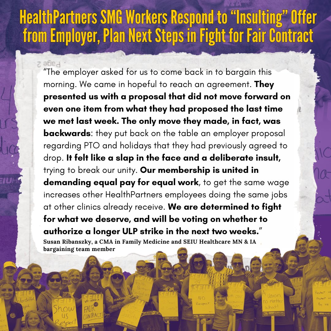 "A SLAP IN THE FACE" | As 4-Day ULP Strike Wraps Up, HealthPartners SMG Workers Respond to “Insulting” Offer from Employer, Plan Next Steps in Fight for Fair Contract | RELEASE: facebook.com/share/p/16pvzb… #UnionStrong