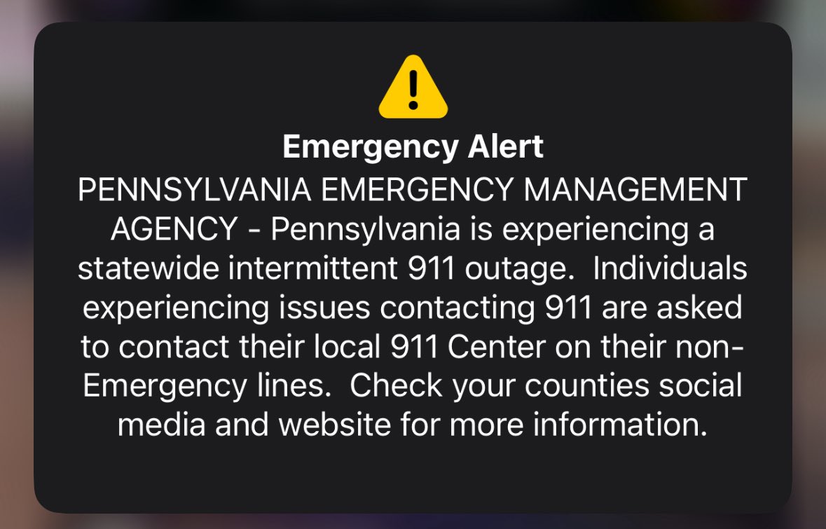 #BREAKING PA is experiencing a statewide intermittent 911 outage.
