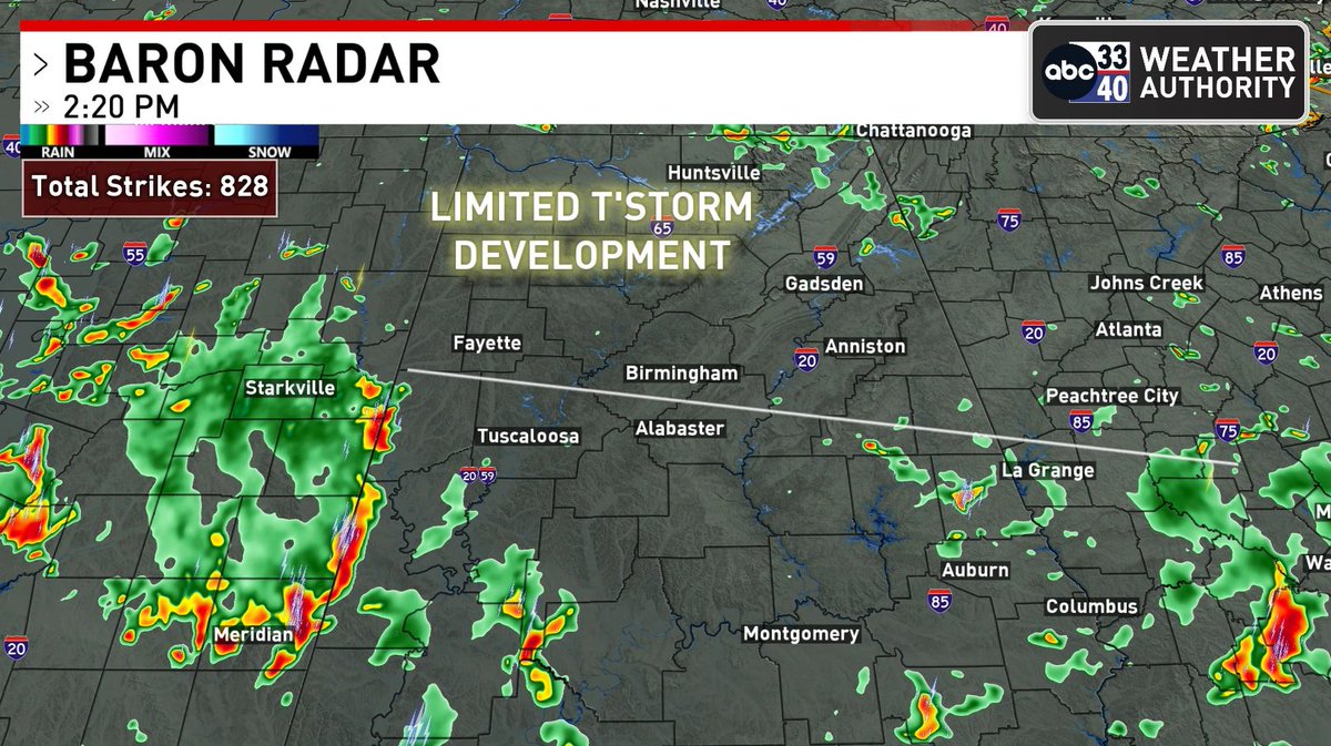 wxevan's tweet image. On it's current trajectory, the convective band would pass south of Birmingham. Often in these scenarios, convection becomes limited to the north as energy is essentially cut-off. Something to watch this afternoon. @abc3340
