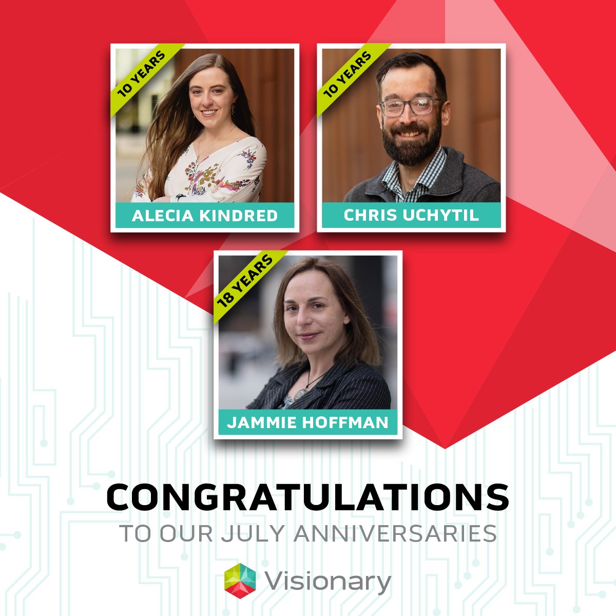 🎉 July Workiversary Shoutout!
Big thanks to:
🌟 Alecia – 10 years of creative front-end magic
🌟 Chris – 10 years of bug-busting &amp; laughs
🌟 Jammie – 18 years of inspiring leadership
You make Visionary what it is! 💙
#TeamVisionary #Workiversary