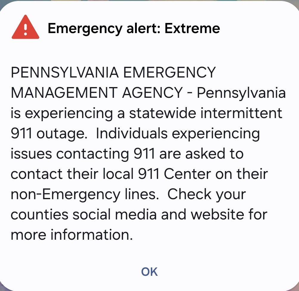 disasterstrat's tweet image. In Pennsylvania, 911 is having intermittent outages.
If you have an issue call your local 911 Center on their non-Emergency lines. Find that on their websites, search for your town/city local 911 center phone number