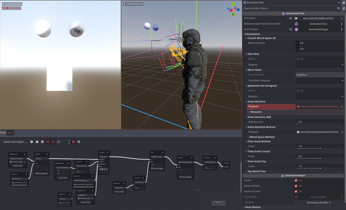 #RIAD 
#GodotEngine

Importing 3D models and animations is easy.
Make them do more complex things, makes it also complex, but there are no limits

Collisionshapes, Sensors, bones, boneattachments, Skeleton-IKs, Targets, weights, etc
Here an example of one of my character setup
