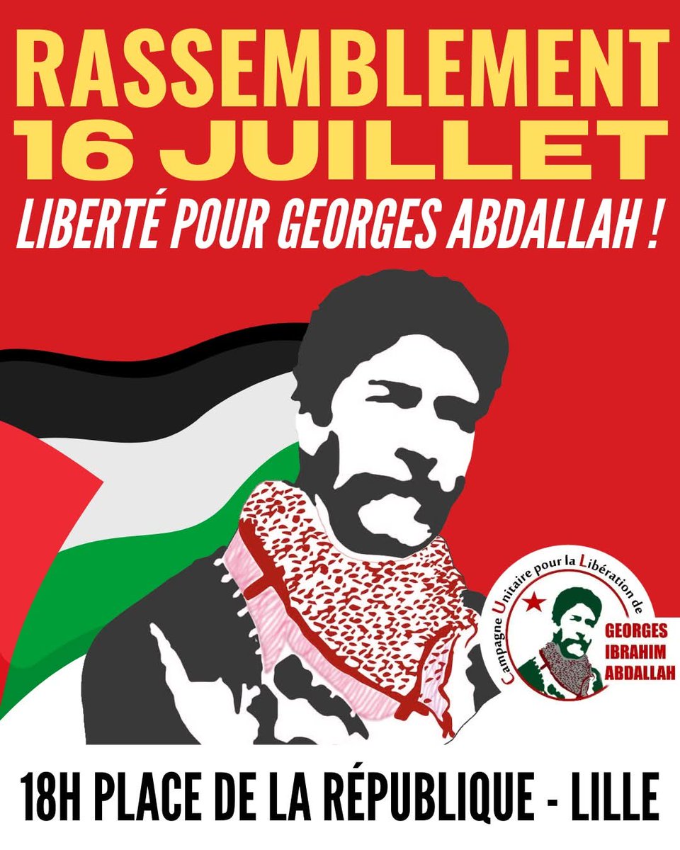 Plus de 40 ans dans les geôles françaises, ÇA SUFFIT ! 

Soyons nombreux, place de la République, à Lille, la vielle du rendu de la décision pour sa libération.

Rappelons que notre Camarade  🇱🇧 Georges Abdallah 🇵🇸  est libérable depuis 1999
<a href="/lacgtcommunique/">La CGT</a>